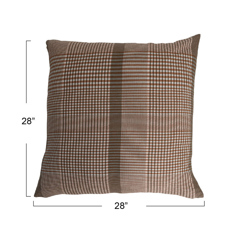 Brown and Cream Plaid Woven Cotton Square Pillow
