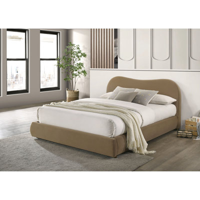 Grand lit tapissier contemporain en velours brun avec tête de lit courbée, rangement, bois massif et bois d'ingénierie