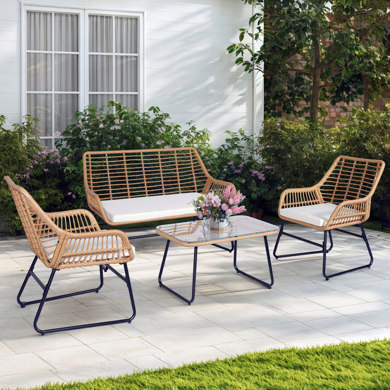 Gonneke 4 Piece Outdoor Rattan Sofa Seating Group With Cushions, Beige