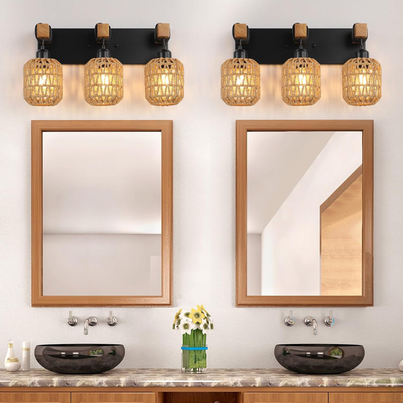 Black Metal and Natural Rattan 3-Light Bathroom Vanity Fixture