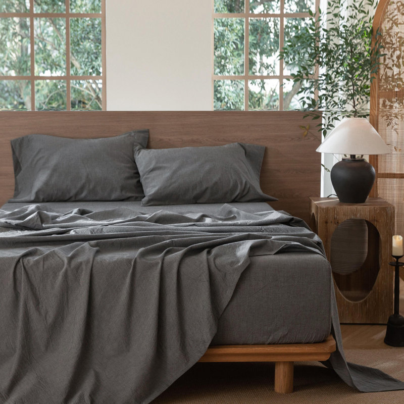 Ensemble de draps MooMee, Ensemble de draps pour grand lit avec 2 taies d'or, Gris foncé
