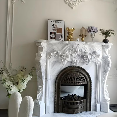 51.18"Gray White Natural Marble Simulated Flame Electric Fireplace Heater