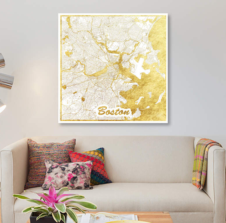 «Boston Gold Leaf Urban Blueprint Map», impression sur toile, H 26 po x l 26 po x P 1,5 po, Toile tendue, Pas de tapis