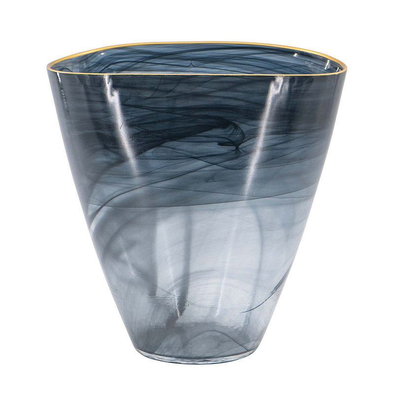 Smokey Black Translucent Glass Vase With Reflective Gold Rim, Ideal For Modern Decor, Floral Display, And Elegant Surface Styling.