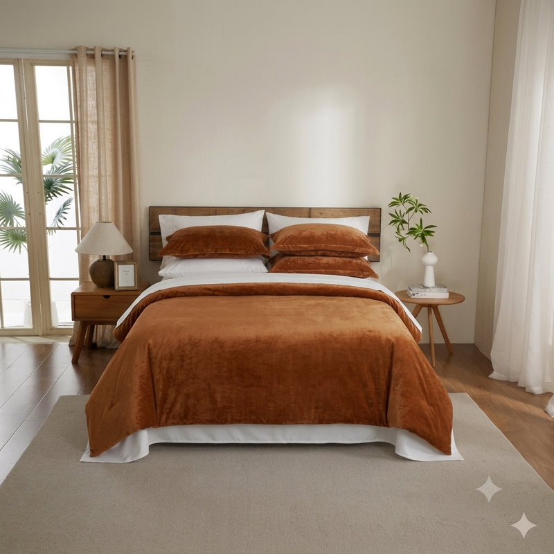 Ensemble de couette en velours de luxe 9 pièces - Cuivre Orange Queen, Grand lit