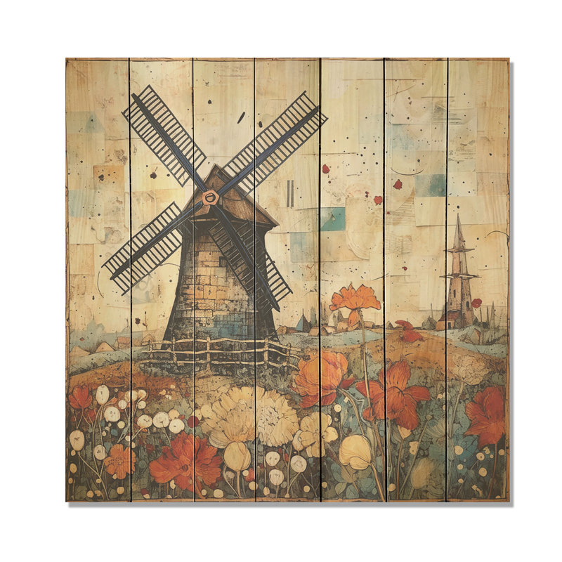 Vintage Countryside Windmillscape II - Wind Turbines On Wood Print, 15" H x 15" W