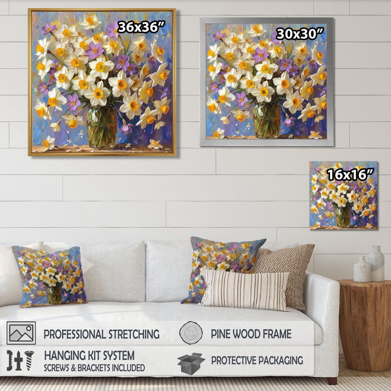 Blanc, jaune, beauté royale, jonquilles - jonquilles, salon d'art mural, H 16 po x l 16 po, Cadre flottant noir