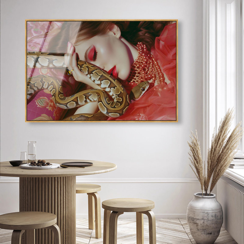 Oliver Gal Cleo and the Snake Fashion - Framed Acrylic Glass Wall Art, 16" H x 24" W, Gold