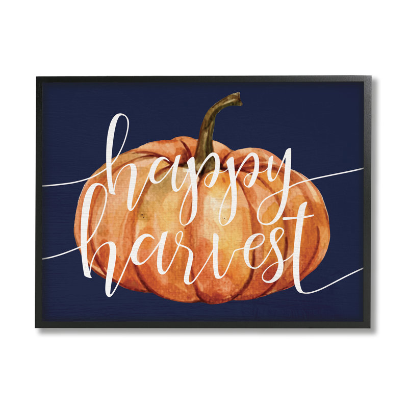 «Happy Harvest Expression Orange Pumpkin Over Blue» par - Art textuel, Giclée encadrée noir minuit, H 16 po x l 20 po