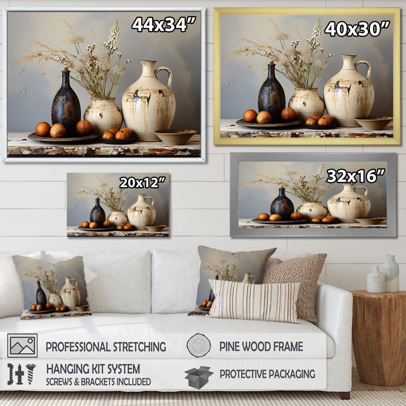 Art floral blanc rétro sur poterie, H 16 po x l 32 po x P 1 po, Cadre flottant doré