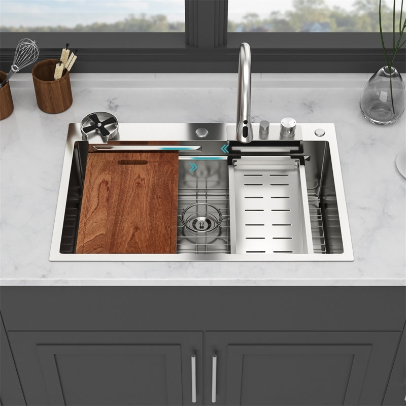 Évier de cuisine à cascade encastrée 33 po - 33 po x 22 po x 10 po à évier simple en acier inoxydable de calibre 16 avec poste de travail et robinet lavable