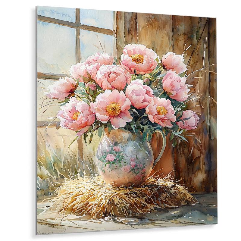 Bouquet de pivoines champêtres dans un vase à lait I - Art mural en métal avec bouquets assortis, H 20 po x l 12 po
