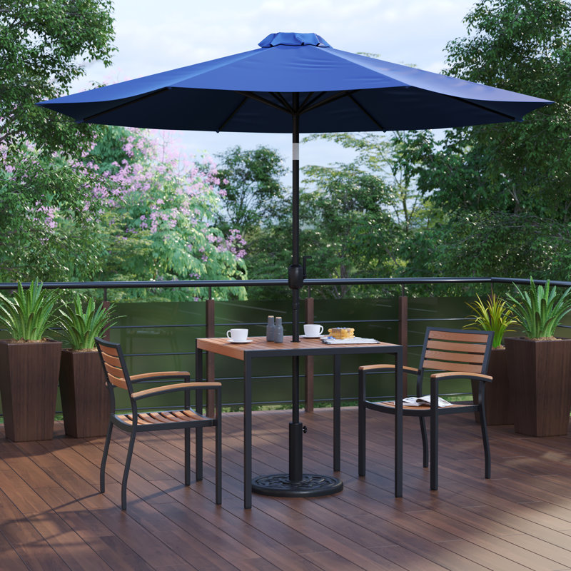 Abdul-Hadi 35" Square Faux Teak Patio Table, 2 Chairs and 9FT Patio Umbrella with Base, Navy Umbrella