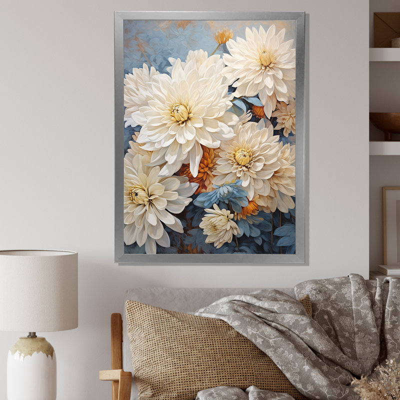 «Blue and White Mums Flowers Elegance V», impressions sur toile de mamans, H 32 po x l 16 po x P 1 po, Cadre simple argenté