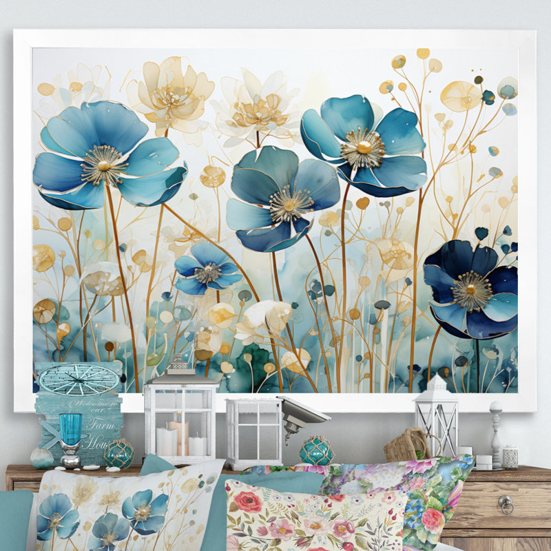 " Blue Botanical Rhythms III ", 12" H x 20" W x 1" D, White Picture Framed
