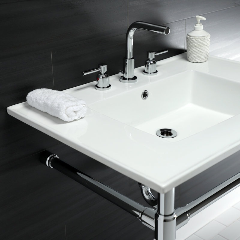 Lavabo de salle de bain console en céramique avec trop-plein, Chrome poli, Centres de 8 po