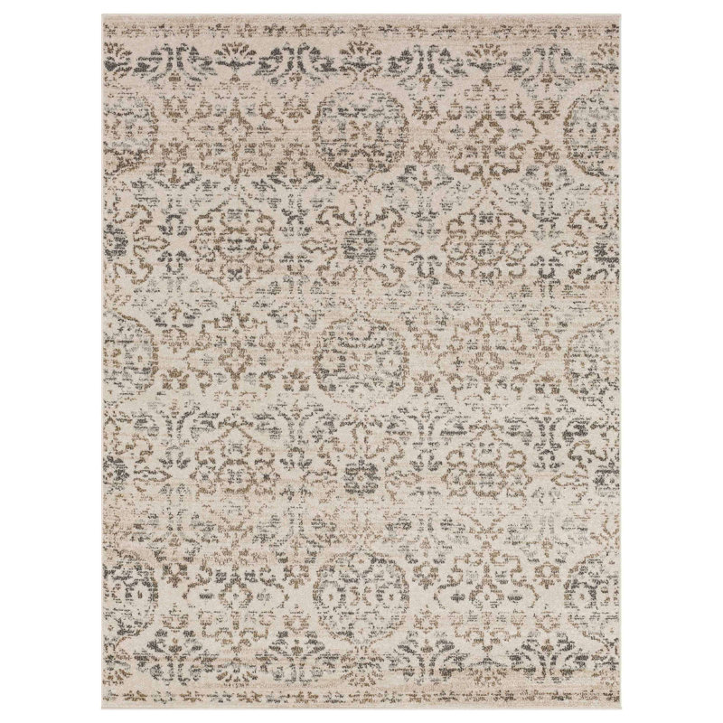 Ingleby Grey Distressed Ornamental Area Rug, Rectangle 5'3" x 8'