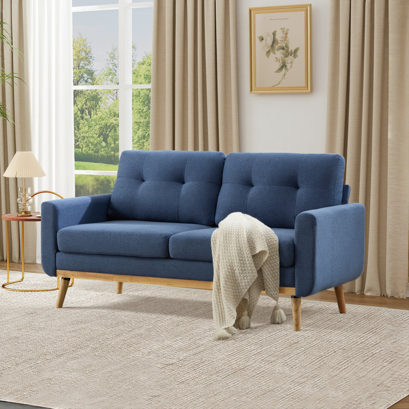Canapé à accoudoirs carrés rembourrés de 65,4 po de largeur avec pieds en bois massif, Bleu