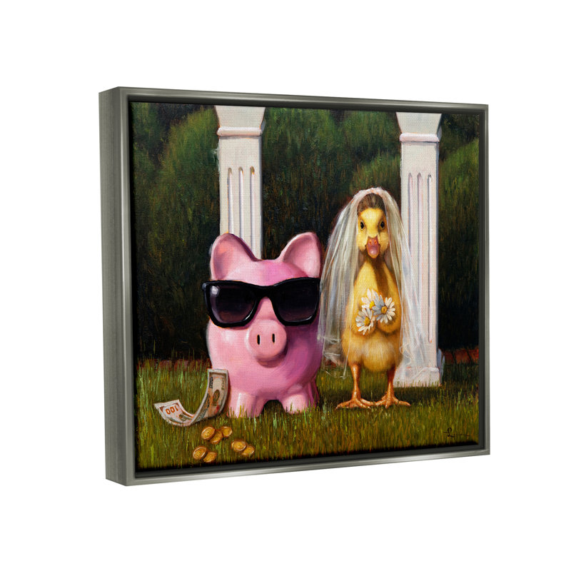 Drôle de mariage cochon et canard, impression sur bois, H 25 po x l 31 po x P 1,7 po, Cadre flottant gris lustré
