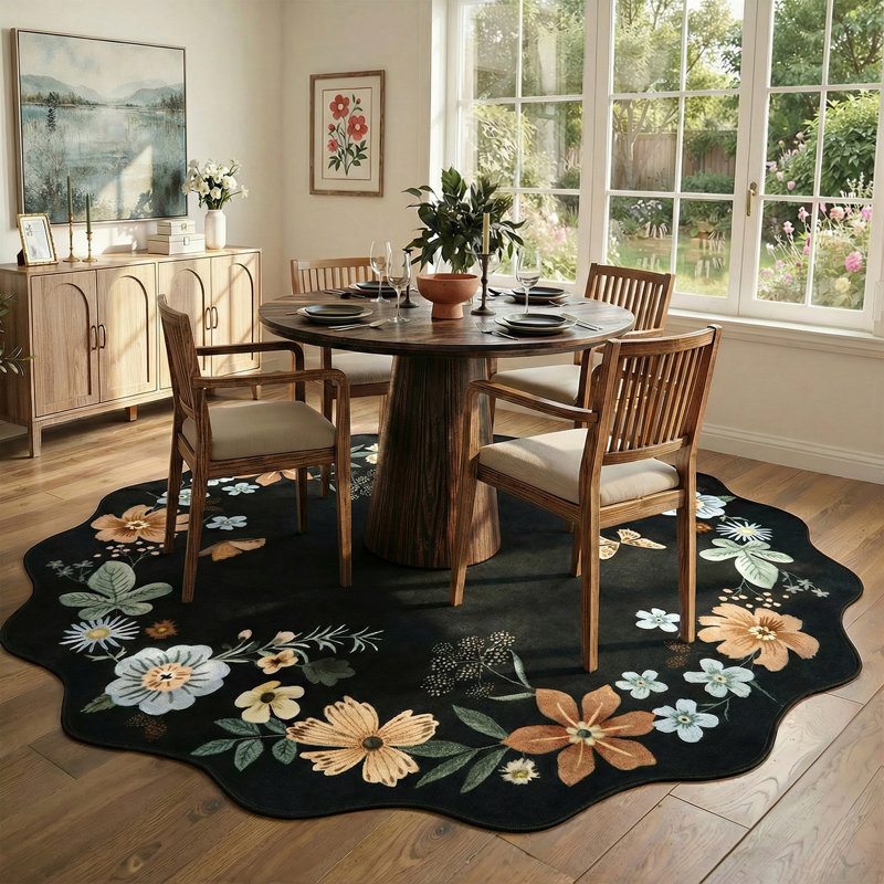 Garbrand Machine Washable Floral Farmhouse Area Rug with Non-Slip Backing for Living Room, Dining Room, Bedroom, Round 5'