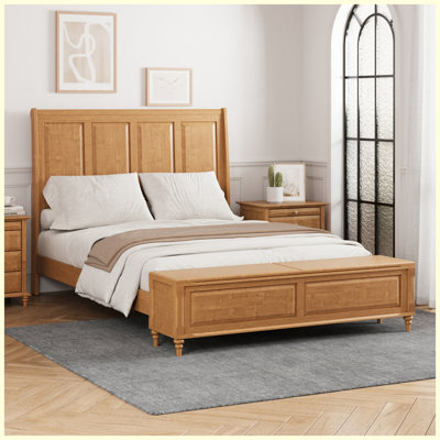 Bed Frame Queen Size Solid Wood Bed Frame with Headboard and Storage Bench Chest Natural Wood