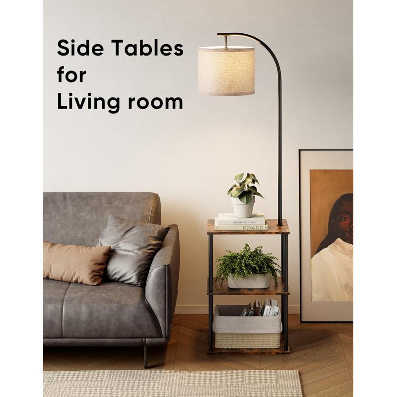 Lampe sur pied avec table, table de chevet avec lampe, Brun