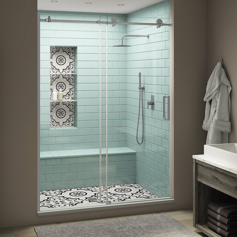 Coraline XL 68" W x 80" H Single Sliding Frameless Shower Door, Right Opening, Silver