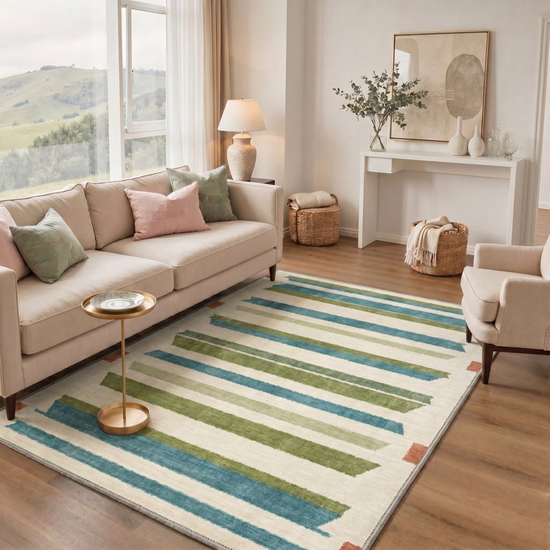 Zenith Modern Machine Washable Beige / Green / Blue Indoor Area Rug with Non-Slip Backing, Rectangle 8' x 10'