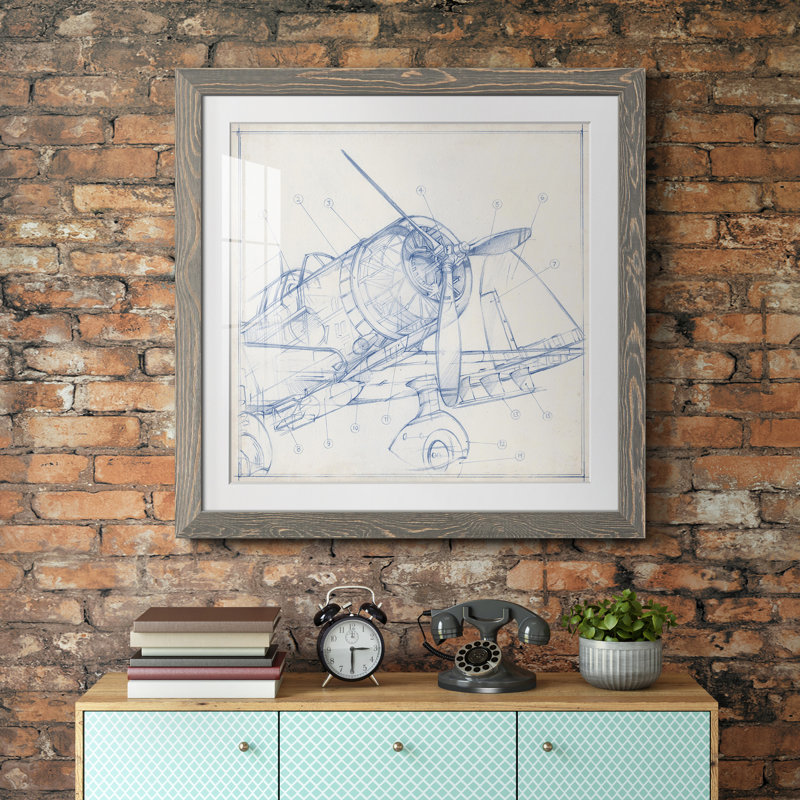 Croquis mécanique d'avion I-Premium, reproduction encadrée - prêt à être accroché, H 22,5 po x l 22,5 po x P 1,5 po, Blanc