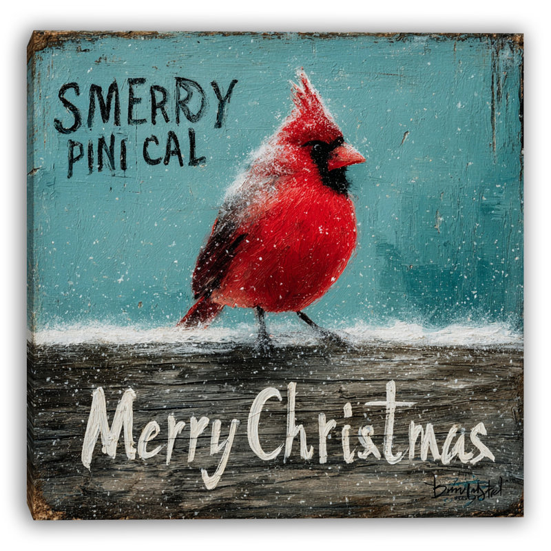 «Snowy Cardinal Merry Message», art mural sur toile tendue, H 30 po x l 30 po