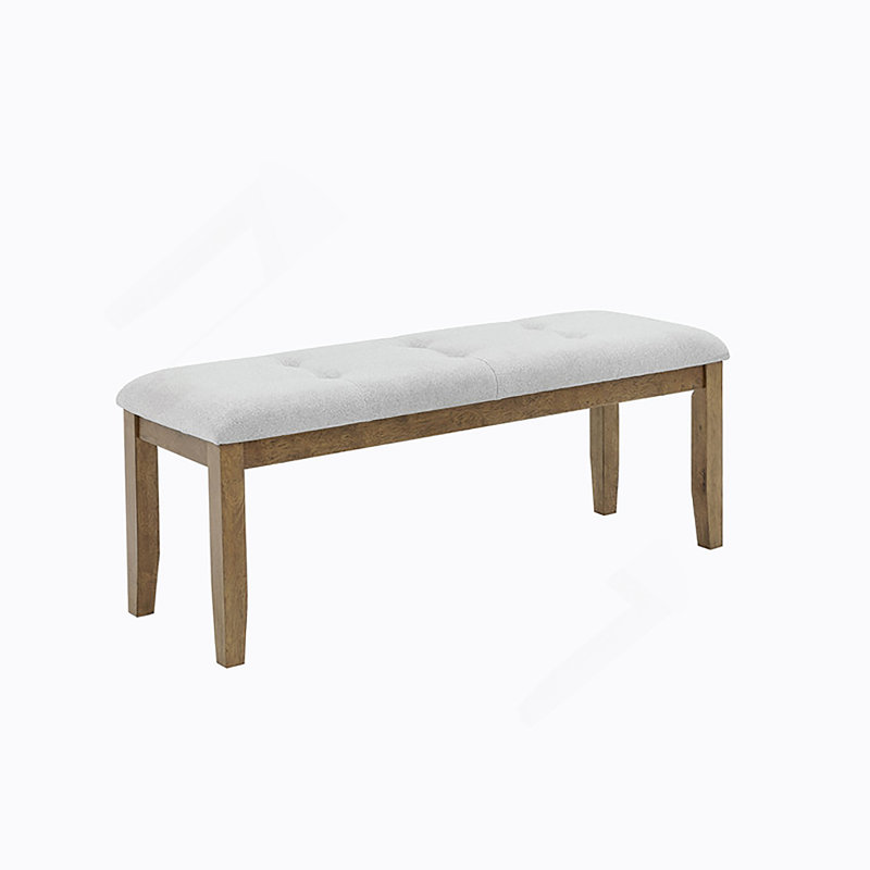 Walnut Oak Dining Bench In Light Gray Fabric With Tufting