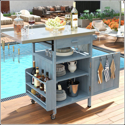 Durable 40.5 Inch Outdoor Grill Cart With Stainless Steel Top, Solid Wood Storage, And Lockable Wheels For Versatile Garden Use