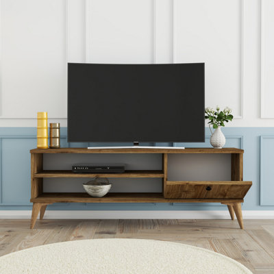 Meuble télé rustique en noyer de 47,2 po x 17,6 po x 11,6 po | 100% panneau de particules enduit de mélamine, épaisseur de 0,71 po | Comprend de nombreuses tablettes, une conception murale, une esthétique bohème et scandinave élégante