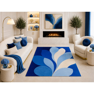 Tapis ultra-léger 152 x 213 cm (5 pi x 7 pi) bleu et blanc à motif floral abstrait, design moderne de pétales botaniques pour salon, chambre et salle à manger, envers antidérapant en silicone, poils courts