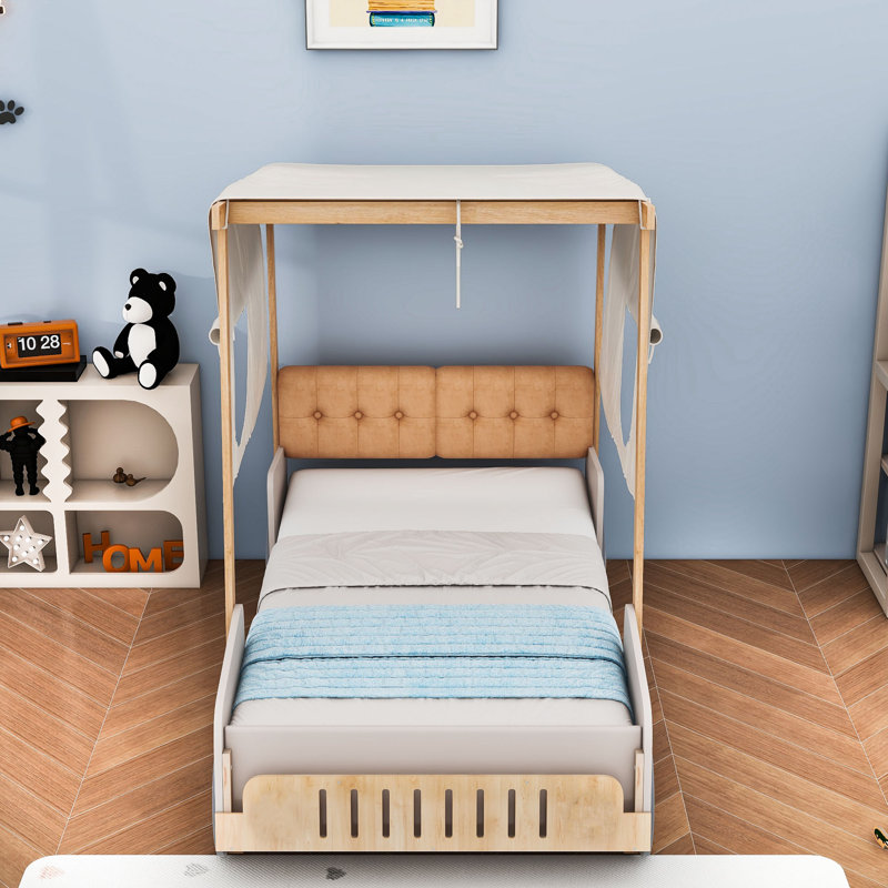 Wood Car Bed With Upholstered Headboard and Ceiling Cloth, Twin