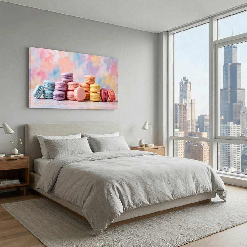 Assortiment de macarons pastel empilés sur fond coloré, art mural sur toile, 40“W x 20”H