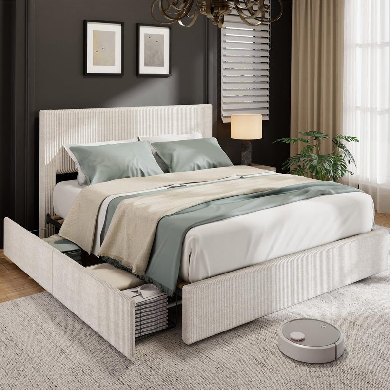 Structure de lit, structure de lit plateforme pleine grandeur avec 4 tiroirs de rangement, tête de lit tapissier en velours côtelé avec support de lattes en bois robuste, aucun sommier tapissier requis, beige