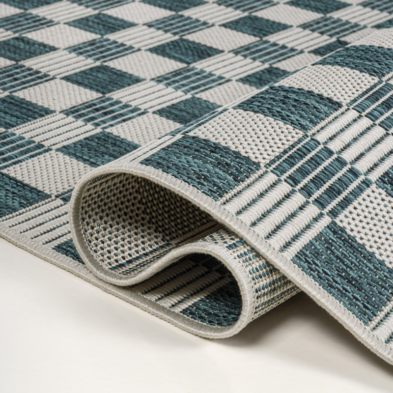 Aimee Traditional Cottage Checkerboard Turquoise/Cream Indoor/Outdoor Rug, Runner 2' x 7'10"