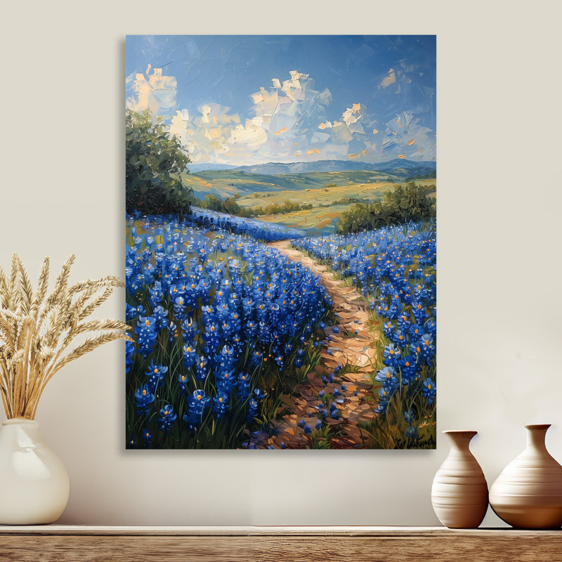 «Summer Morning Magic Blue Bonnets Fields I - Blue Bonnets», reproduction d'art murale, Métal métal