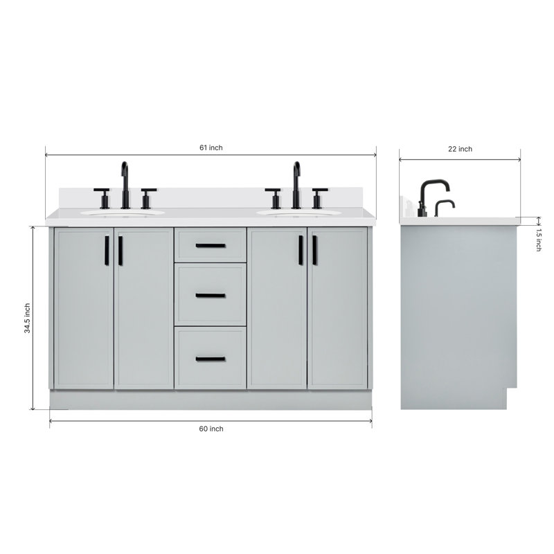 Ariel Kellie 61 Inch Double Oval Sink Bathroom Vanity With Pure Quartz Countertop, Gray