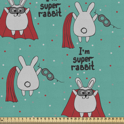 Fab_79468_Tissu de lapin d'Ambesonne par The Yard, super-lapin dans une cape et inscription «I Am Super Rabbit», tissu décoratif pour le revêtement et les accessoires de maison, rubis gris sarcelle pâle