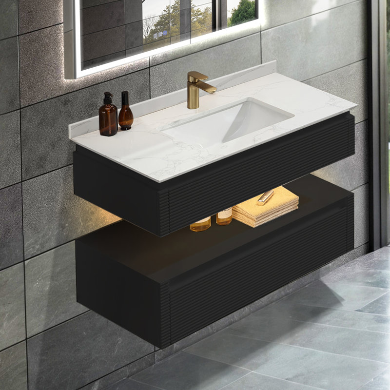 Meuble-lavabo simple mural moderne en bois massif de 36 po avec plateau en marbre et lumière, Noir