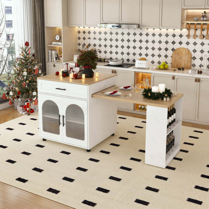 Expandable Kitchen Island With Dining Table, Solid Wood Grain Countertop With Power Outlet, Mobile Storage Cart With Cabinet & 2 Drawers, Kitchen Prep Table