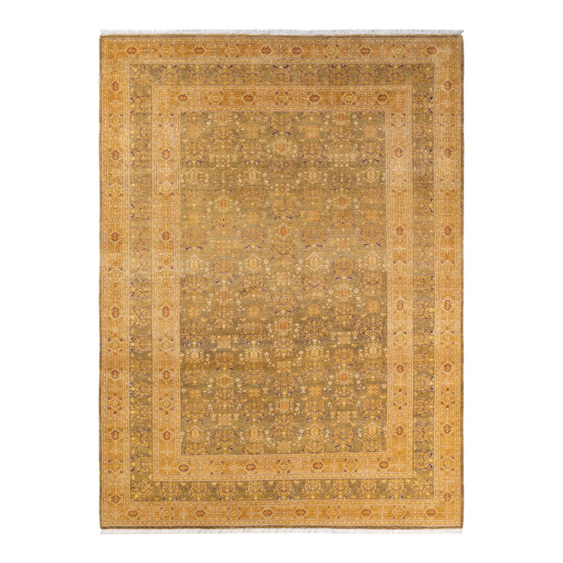 Tapis oriental vert noué à la main One-of-a-Kind