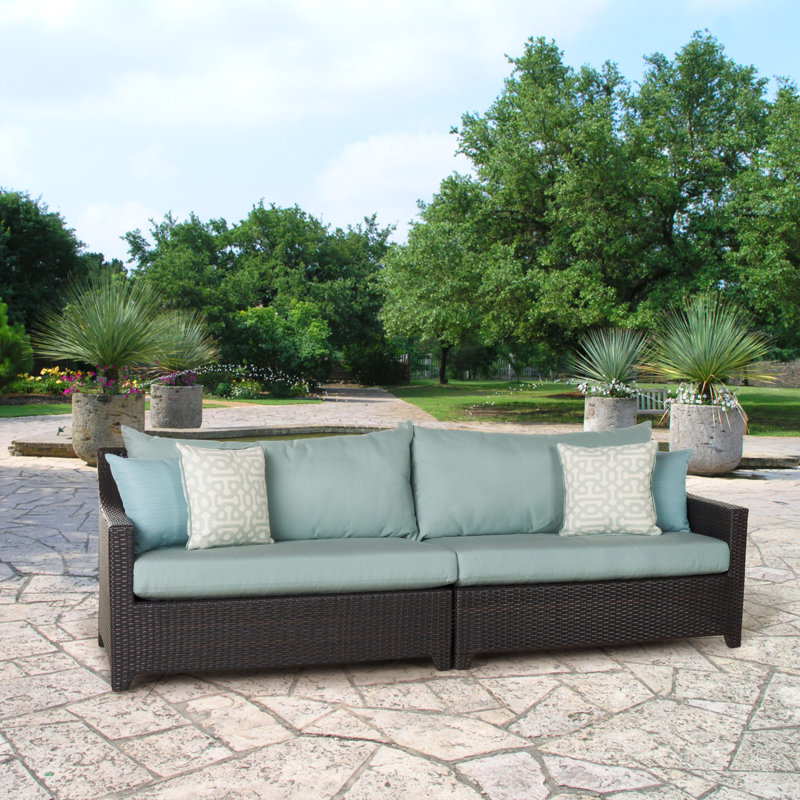 Fionnula 96" Wide Wicker Patio Sofa With Sunbrella Cushion Covers, Canvas Spa Sunbrella® Canvas