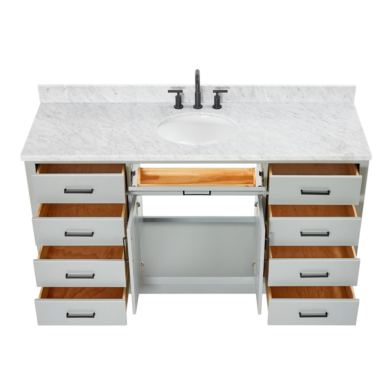 Meuble-lavabo simple en bois massif Jameal avec plateau en marbre de Carrare 0,75 po, Gris, Ovale