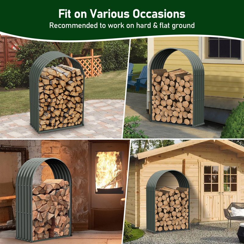 Ore Gray Galvanized Steel Arch Firewood Storage Rack with Shed