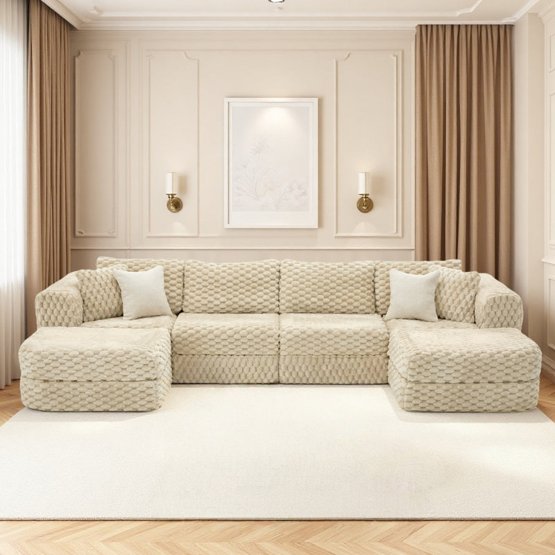 Boneless 135" Oversized 4-Seater Boneless Modular Sectional Sofa with 2 Movable Ottomans and 4 Throw Pillows, Beige