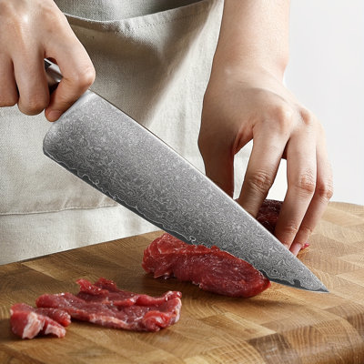 8-Inch VG10 Damascus Chef Knife, Micarta Handle Damascus Steel Chef's Knife, featuring a unique Damascus steel pattern, ultra-sharp, with a non-slip wooden handle secured by three rivets.