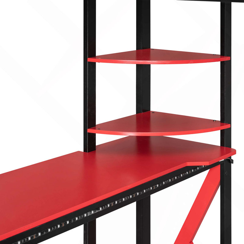 Lit mezzanine double en bois avec bureau, tablettes, prise de courant, ports USB / Type-C et lumière RVB, Black+Red